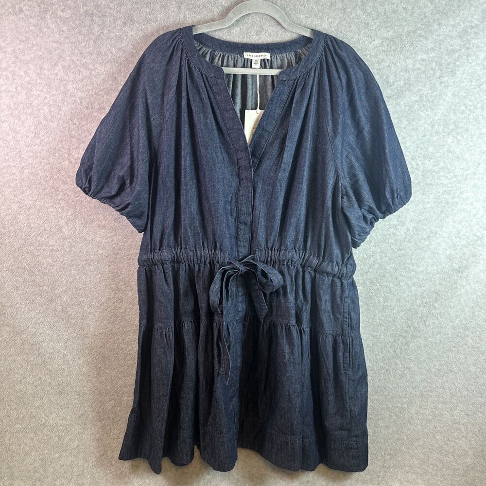 NEW Free Assembly Plus Size 2X Peplum Denim Bell Sleeve Dress Tie Front Elastic